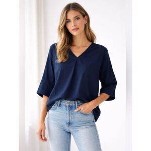 Joh Navy Boxy Blouse V-Neck Pleated Front Oversized Top Small